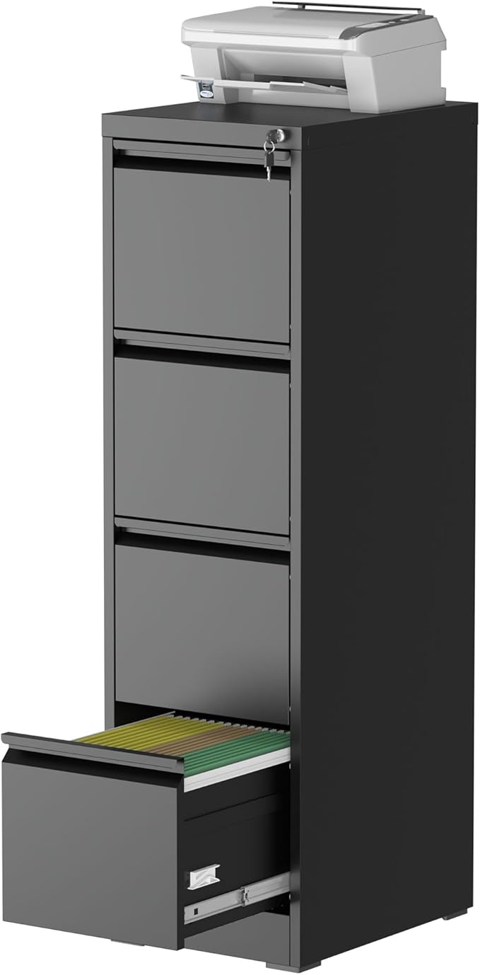 File Cabinet, 4 Drawer File Cabinet with Lock, Steel Vertical Filing Cabinets for Home Office, Heavy Duty File Storage Cabinet for Legal/Letter/A4 Documents, Easy to Assemble, Black