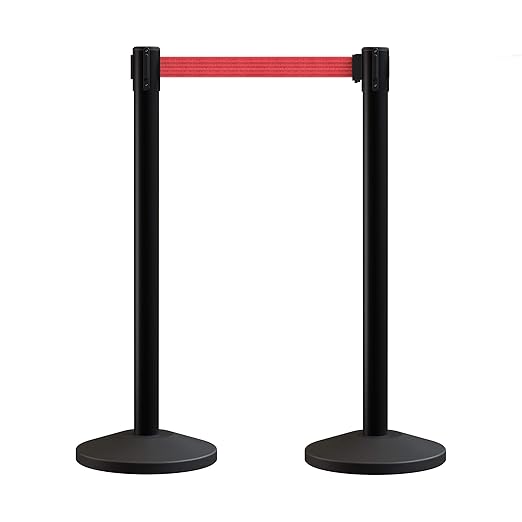 Crowd Control Warehouse CCW Series RBB-100 - Set of 2 Stanchions with Retractable Belts - 11 Foot Red Belt, Black Post - Retractable Line Barrier, Crowd Control Stanchion