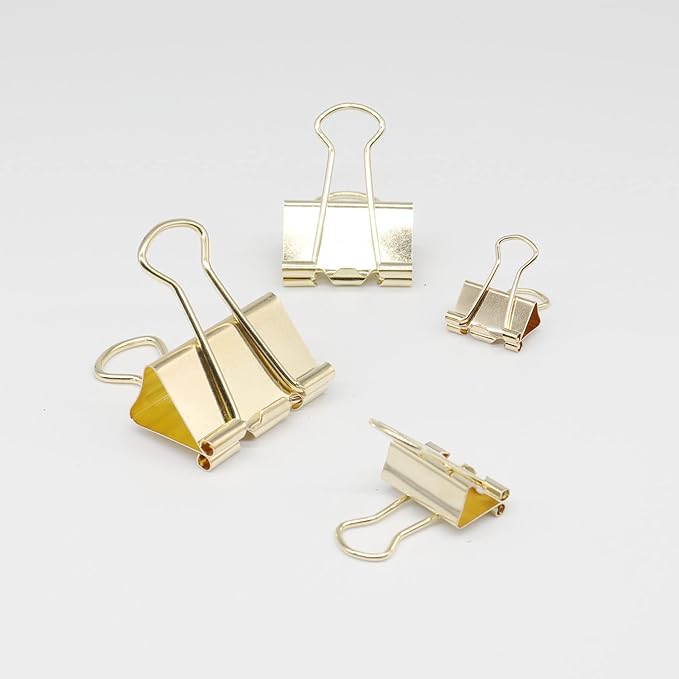 Gold Binder Clip, Paper Binder Clips, Paper Clamps Assorted Sizes, (Large, Medium, Small, X-Small) Paperclips for Office School, 100 Pack (New Version)