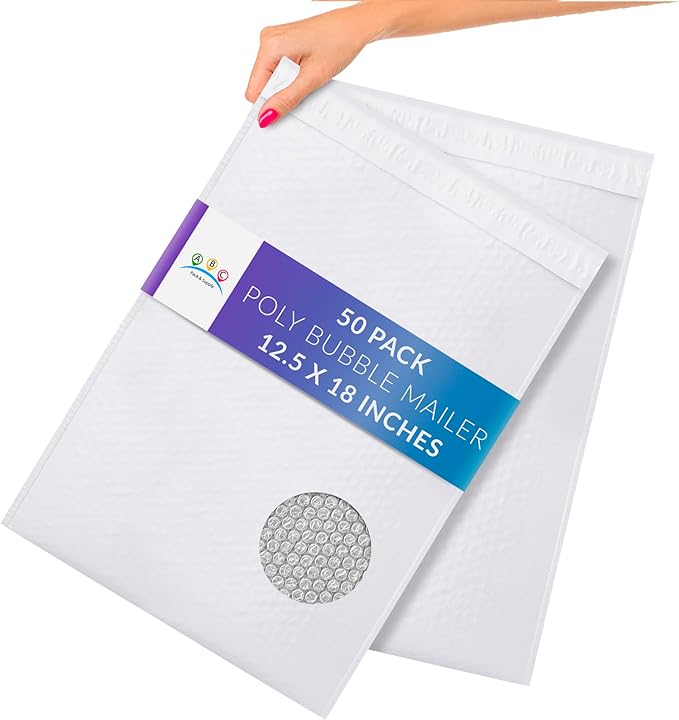 ABC PACK & SUPPLY Poly Bubble Mailers, 12.5 x 18 Inch. Pack of 50 White Padded Envelopes Self Seal. Tear-Proof Gift Bubble Envelopes. Waterproof Packaging for Small Business. Cushioning Book Mailers