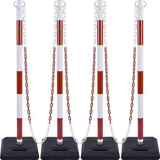 4 Pack Red White Portable Work Zone Chain Post Set, Premium Crowd Control Stanchion Sets, 40" H Traffic Delineator Post Cones with Heavy Rubber Base, 80" Plastic Chain Barriers