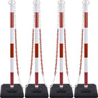 4 Pack Red White Portable Work Zone Chain Post Set, Premium Crowd Control Stanchion Sets, 40" H Traffic Delineator Post Cones with Heavy Rubber Base, 80" Plastic Chain Barriers