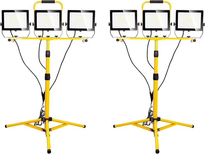 30000 Lumen Work Lights with Stand, 300W Three Head LED Work Light, Waterproof Lamp with Individual Switch, Adjustable Metal Telescoping Tripod（2 Pack）