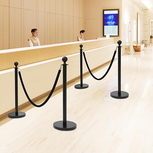 Crowd Control Stanchion Set, 4 Packs Stanchion Set with 4.92 ft/1.5 m Black Retractable Belt and 2 Ropes, Black Crowd Control Barrier for Theaters, Parties, Wedding, Exhibition