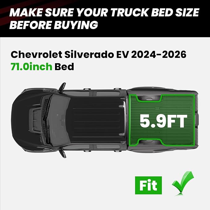 LASFIT Truck Bed Mat for Chevrolet Chevy Silverado EV WT 2024-2026 5.9FT Only (Not Fit RST/LT/2026 Trail Boss) Bed Liner Custom Fit, All Weather Protection TPE Pickup Car Bed Cargo Trunk Liner