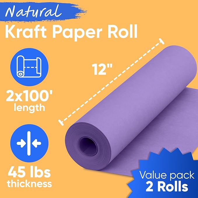12" x 1200" (100 ft) Lilac Kraft Paper Roll (Value Pack of 2), 45 lbs Thickness, Made in USA Colored Kraft Paper for School, Bulletin Board - Odorless, Non-Toxic, Safe for Kids