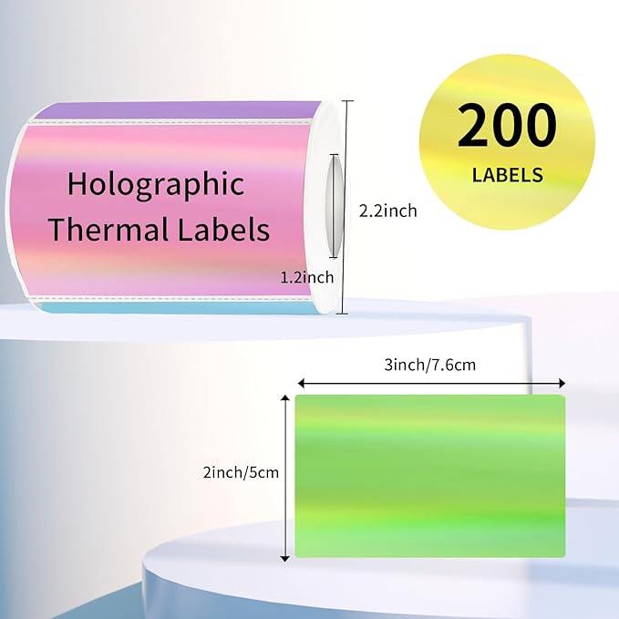 3x2 Inch Holographic Thermal Labels, Colorful Direct Thermal Stickers Label, Self-Adhesive Thermals Printer Sticker Labels, Perforation Line Design- 200Pcs/ 1 Roll