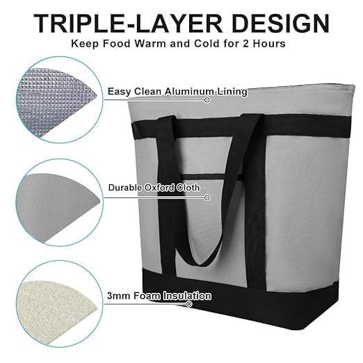 Insulated Reusable Tote Bag for Grocery Shopping for Women/Men, Pizza/Food Delivery Bag to Keep Food Cold/Hot for Professional Catering, Cooler bags for Travel/Beach/Picnic, Grey, 3-Pack
