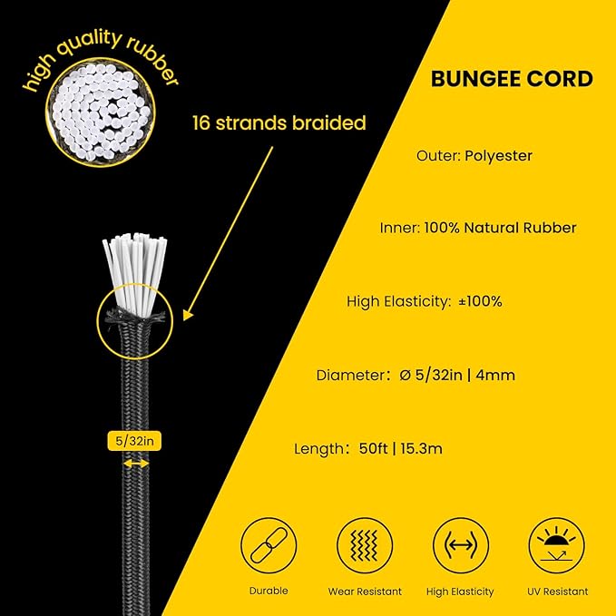 Bungee Cord Elastic Shock Cord 5/32" x 50' Bungee Rope for DIY, Tie Downs, Kayak and Outdoor - Black