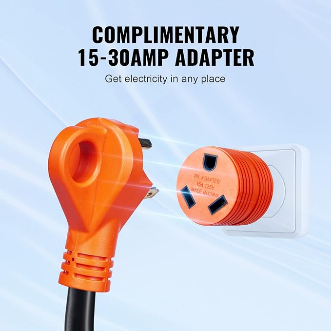 VEVOR 30 Amp RV Extension Cord, 25 ft, Heavy Duty STW 10/3 AWG RV Power Cord, NEMA TT-30R Female NEMA TT-30P Male Plug, for RVs, Generators, Campers, ETL Listed