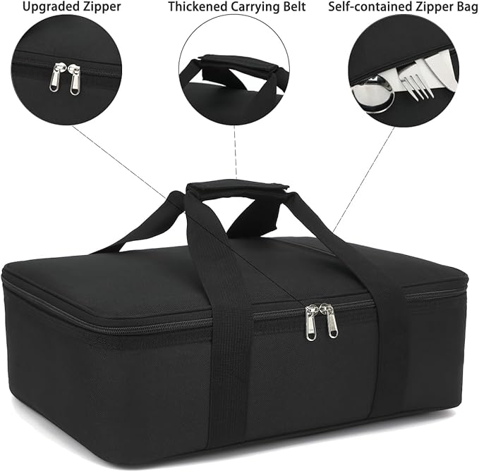 Insulated Casserole Carrier Bag - Large Portable Hot and Cold Food Storage Tote with Handles Thermal Bag for Parties, Picnics, Camping, Travel,Fits 9"x13" Baking Dish,Black