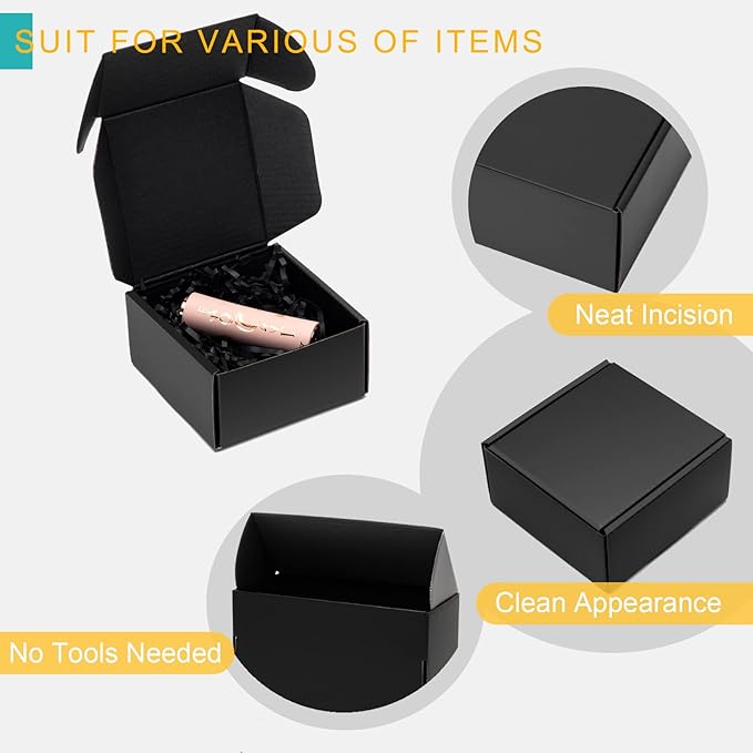 Mcfleet 4x4x2" Black Shipping Boxes - Corrugated Cardboard Mailing Box Packaging for Small Business - Tab Locking Literature Mailer Flat Empty Gift Packing Supplies 24 Pack