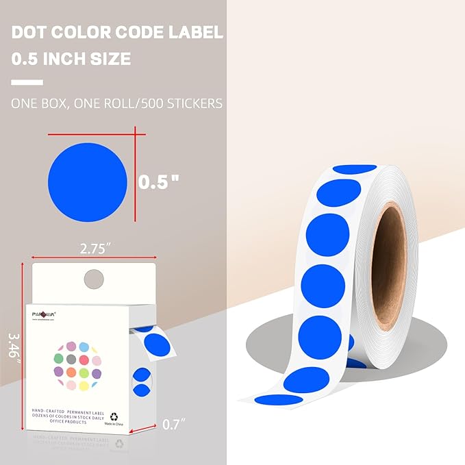 PARLAIM 1/2 Inch Round Adhesive Color-Code Dot Stickers,500 Stickers Inventory Dots Label in Dispenser Box,Blue Circle Coding Labels for Office Home (Blue)
