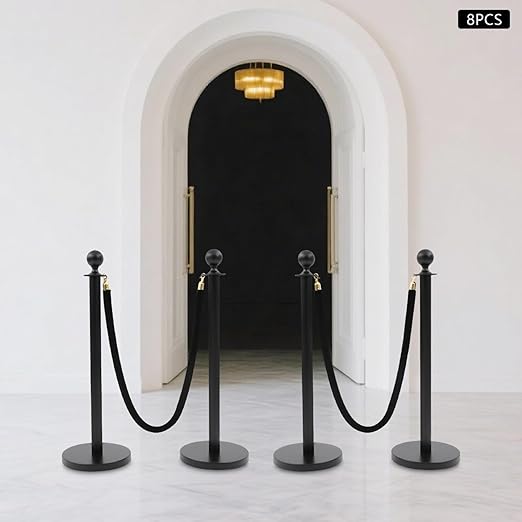 Crowd Control Barriers Black Gold Stanchions Posts, 4 Black Ropes and 8pcs Stainless Steel Poles with Hollow Base, Stanchions with Ropes Set for Airport,Parties,Grand Opening