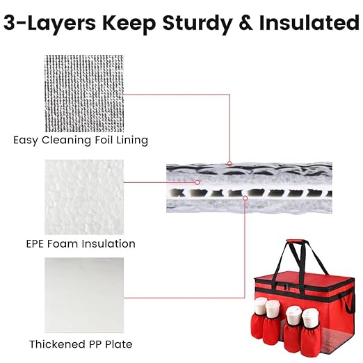 Insulated Food Delivery Bag with 4 Cup Holder and Bottom Support, XX-Large Insulated Grocery Bags Keep Food Hot/Cold, Cooler Bags with Drink Carrier, Food Carrier Catering Bag for Events, Red