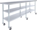 AmGood Stainless Steel Work Table with 2 Shelves and Casters | Metal Utility Table On Wheels (Stainless Steel, 96" Long x 24" Deep)