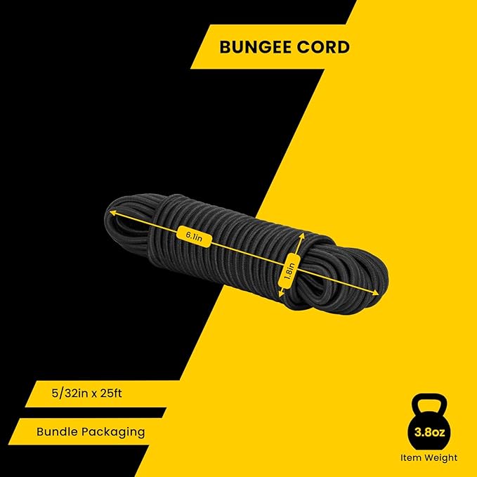Bungee Cord Elastic Shock Cord 5/32" x 25' Bungee Rope for DIY, Tie Downs, Kayak and Outdoor - Black