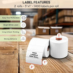2 Rolls of 3 x 1 Direct Thermal Labels, 1400 Labels per Roll - for Zebra & Arkscan Printers