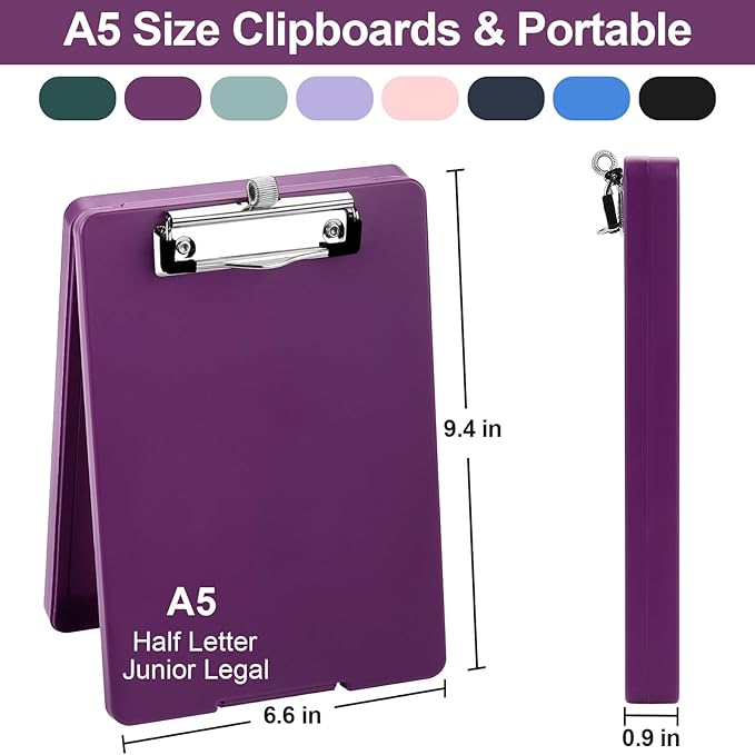 Small Clipboard with Storage, A5 Clipboards with Pen Holder, Half Letter Clip Boards 6x9 Mini Plastic Clipboard with Low Profile Clip for Classroom, School, Office Supplies (Purple)