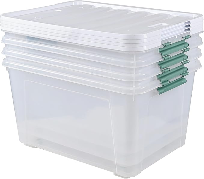 4 Packs Large 80 L Plastic Storage Bins with Wheels, Stackable Garage Organizer Container, Latching Storage Tote Boxes for Closet, Clear & White Lid