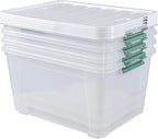 4 Packs Large 80 L Plastic Storage Bins with Wheels, Stackable Garage Organizer Container, Latching Storage Tote Boxes for Closet, Clear & White Lid