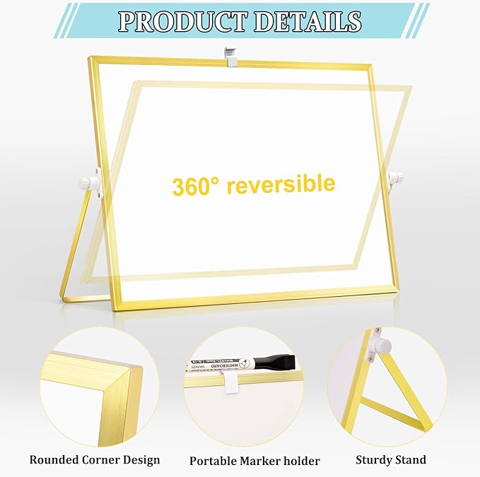 Magnetic Dry Erase White Board, 16" x 12" Double-Sided Golden Aluminum Frame Desktop Whiteboard with Stand, Portable Small Whiteboard Set for Drawing, Office, Home, School