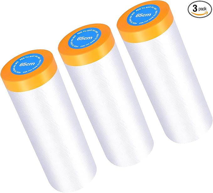 Muf 2 x 65 Feet Plastic Drop Cloth Plastic Sheeting with Masking Tape,Waterproof Protective Masking Film,Prevent Dust Paint for Car,Furniture,Carpet,Floor,3 Pack