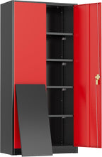 Greenvelly Metal Storage Cabinet, 72" Steel Garage Cabinet with Doors and Adjustable Shelves, Tall Metal Office Storage cabinets for Garage,Home Office,School (Black Red)
