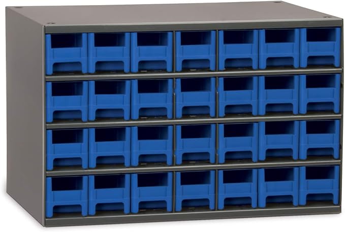 Akro-Mils Steel Garage Storage Cabinet, Small Parts Organizer Metal Cabinet for Hardware, Nails, Screws, Bolts, Nuts, and More, 17" W x 11" D x 11" H, 28-Drawer, Gray Cabinet/Blue Drawers (19228)