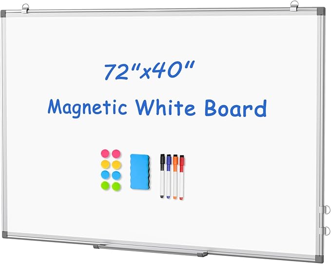 WALGLASS Large Dry Erase White Board for Wall, 72'' x 40'' Double-Sided Magnetic Whiteboard with Aluminium Frame, Hanging & Wall Mount for Home Office School