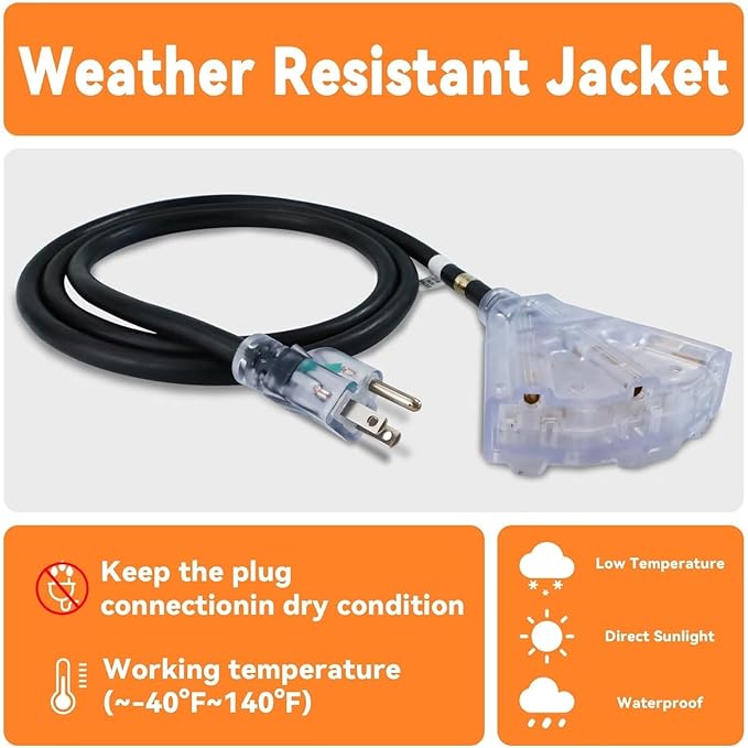 EP 6 Ft 12 Gauge Heavy Duty Extension Cord, 15A 125V 1875W, 3 Outlet Indoor/Outdoor Power Cord with Lighted End, 12/3 SJTW Weatherproof Black, UL Listed