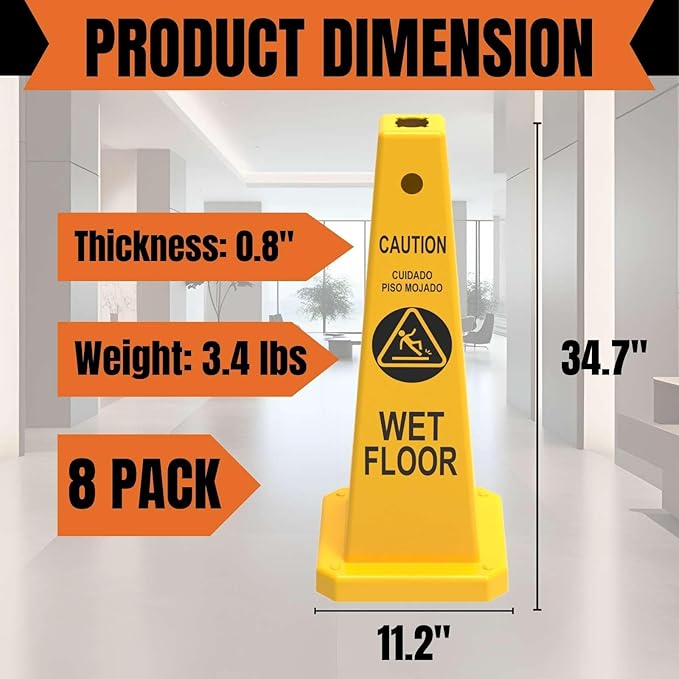 Caution Wet Floor Sign, 26.4-Inch Safety Cone, 8 Pack Yellow Plastic, High-Visibility, Non-Fading, Slip-Resistant Base, Stackable, Indoor Outdoor Warning Sign