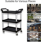 Plastic Utility Cart with Wheels Lockable, Heavy Duty Restaurant Cart, Service Cart for/Home/Office/Warehouse/Kitchen/Workshop,390 Lbs,2 Handles, Black.