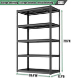 78" H Storage Shelves 5 Tier Metal Shelving Unit 3000LBS Garage Shelving Heavy Duty Storage Rack for Basement, Warehouse, Pantry, Closet, Kitchen 78" H x 39.4" W x 17.7" D, Black