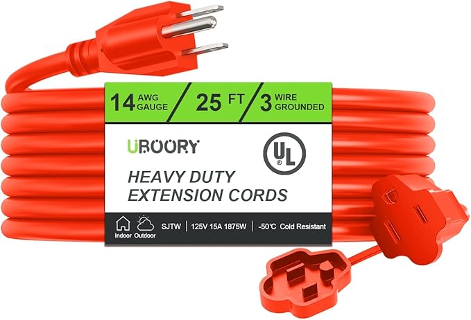 Outdoor Extension Cord Waterproof 25 FT, Orange 14/3 SJTW Heavy Duty, Flexible 100% Copper 3 Prong Extension Cord for Lawn, Garage,UL Listed