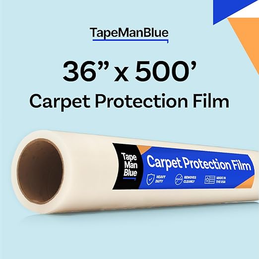 Carpet Protector Film, 36 inch x 500 feet, Made in The USA, Self Adhesive Carpet Protection Film with Easy Unwind and Clean Removal, Strong and Durable Covering for Construction
