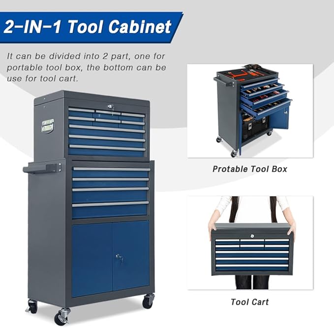 13-Drawer Rolling Tool Chest with Double Door, Extra Large Storage Cabinets with Tool Box, 2-in-1 Detachable Design, 600 lbs Capacity with Lockable Wheels for Garage, Mechanic & Home Use (Blue＆Grey)