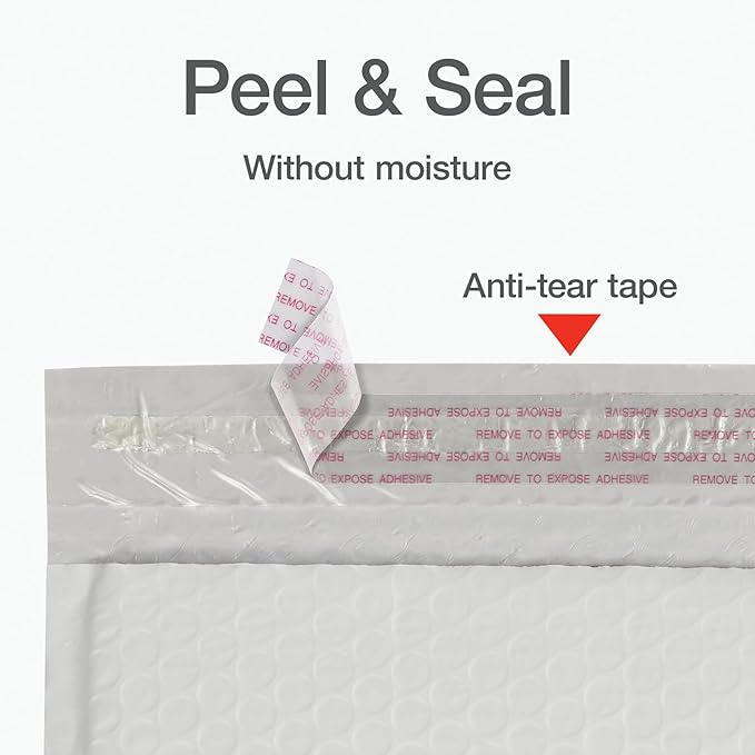 Quality Park Bubble Mailers, 4 x 8 Shipping Envelopes, Self-Seal, Durable White Padded Envelopes, Redi-Strip Peel Off Closure, 50 Per Box (QUA85929)