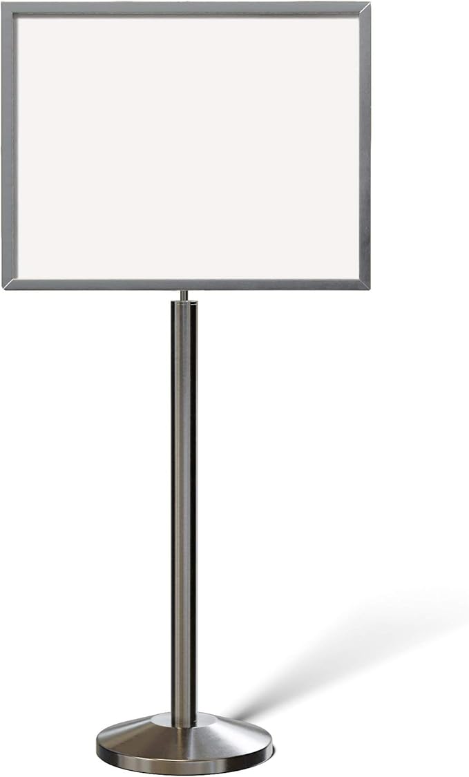 Crowd Control Warehouse Pedestal Standing Floor Sign Frame with Sloped Base, 22 x 28 Inch Horizontal, Satin Stainless Steel