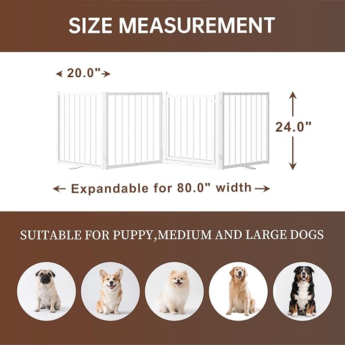 4 Panels Full Metal Freestanding Dog Gates with Door, 80” W x 24” H Folding Pet Gate Fence with Support Feet for Indoor,Stairs, Hallways and Doorways(White)