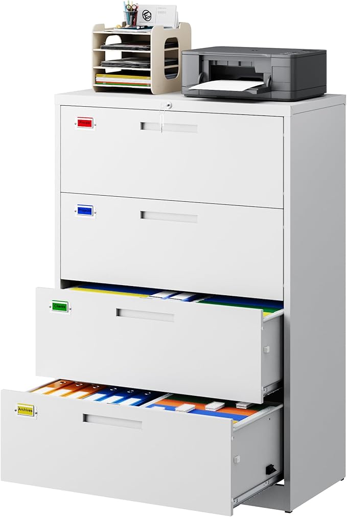 4 Drawer File Cabinet, Lateral Filing Cabinets for Home Office, Office Storage Drawers with Lock, Hanging Files Legal/Letter A4 Size (Assemble Required,White)