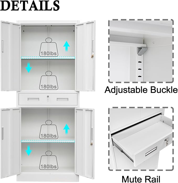 BESFUR 71" H Metal Storage Cabinet with 1 Lockable Drawer and 2 Lockable Doors, Garage Storage Cabinet with 2 Adjustable Shelves, Locking Cabinet for Garage, Office, School - White