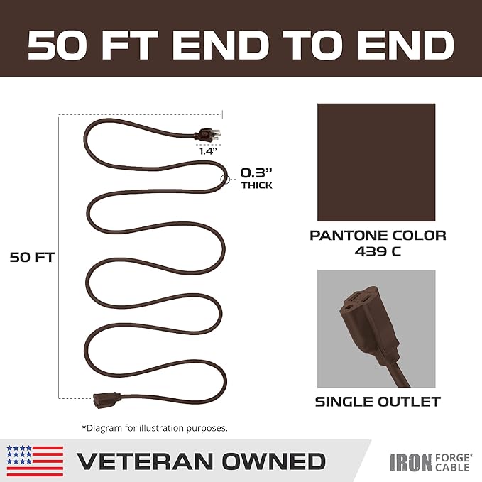 Iron Forge Cable Outdoor Brown Extension Cord 50 ft - 16 Gauge 13 Amp Heavy Duty Brown Outdoor Extension Cords 3 Prong - 16/3 SJTW - Great for Outdoor