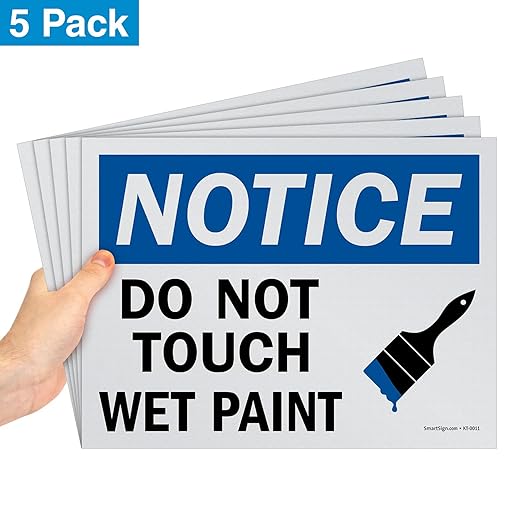 SmartSign (Pack of 5) 9 x 12 inch “Notice - Do Not Touch, Wet Paint” OSHA Sign, Screen Printed, 10 mil Polystyrene Plastic, Blue, Black and White, Made in USA