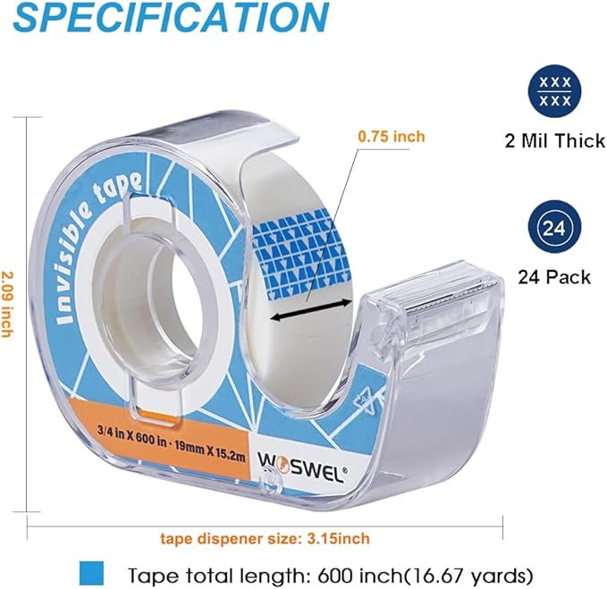 Tape Refills with Dispenser, 24 Roll Invisible Tapes, 3/4 Inch X 600 in, Gift Wrapping Tapes Supplier for Christmas Home School Office Use