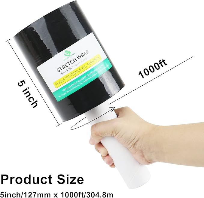 BOMEI PACK1 Roll Industrial Black Mini Stretch Wrap Roll with Handle 5" x 1000Feet 80 Gauge, Heavy Duty Durable Self-Adhering Plastic Wrap for Packing, Moving