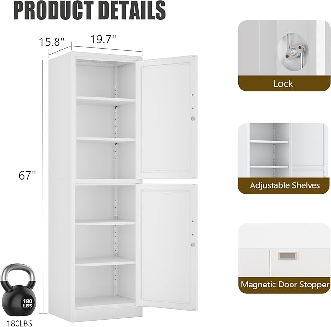 2 Door Metal Locker Cabinet, 19.7’’W Narrow Vertical Steel Storage Cabinet with Locking Door and 4 Adjustable Shelves, Garage Tool File Cabinets for Office, Kitchen, Bathroom, White