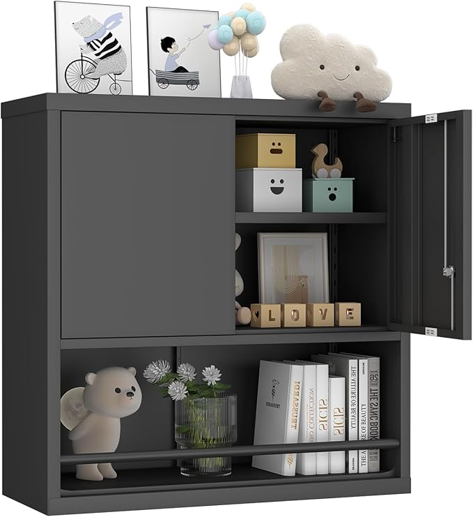 GREATMEET Garage Wall Cabinet, Metal Garage Storage Cabinets, Locking Utility Cabinet, Hanging Cabinets for Wall, Wall-Mounted Garage Cabinets, Black
