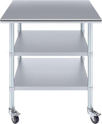 AmGood Stainless Steel Work Table with 2 Shelves and Casters | Metal Utility Table On Wheels (Stainless Steel Work Table with 2 Shelves + Casters, 36" Long x 30" Deep)