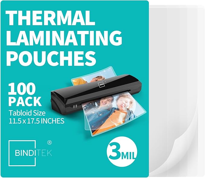 Binditek 100 Pack 3 Mil Thermal Laminating Pouches, 11.5x17.5 Inches Laminating Sheets, for Tabloid Size, Ultra Clear, Glossy, Hold 11x17 Inches, Heat Seal, School Office Supplies